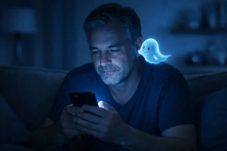 Ein Mann allein, beleuchtet vom blauen Licht seines Smartphones