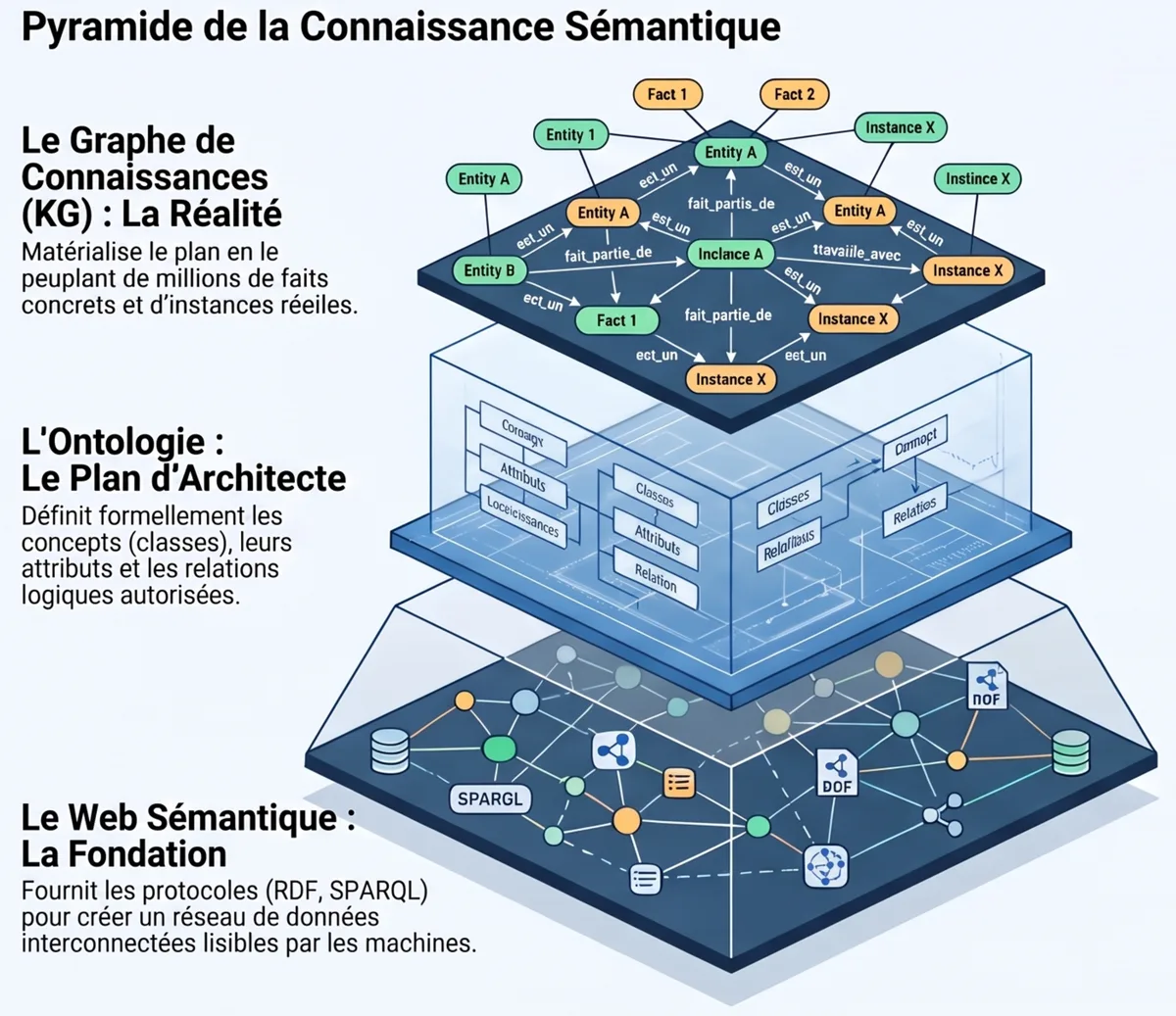 Pyramide des semantischen Wissens: das semantische Web als Fundament (RDF, SPARQL), die Ontologie als Bauplan, der Wissensgraph als mit Fakten bevölkerte Wirklichkeit