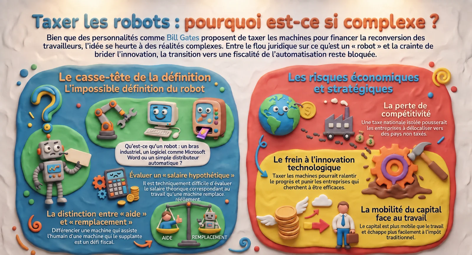 Infografik in zwei Teilen zur Verwicklung der Steuer: links das Kopfzerbrechen über die Bestimmung des Roboters und des angenommenen Lohns, rechts die wirtschaftlichen Risiken, Verlust an Wettbewerbsfähigkeit, Bremse für Innovation und Beweglichkeit des Kapitals