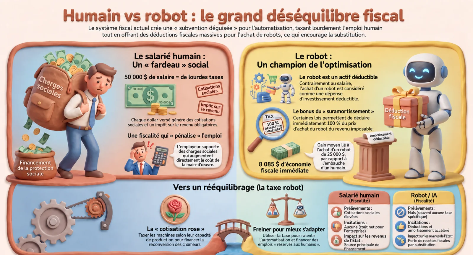 Infografik, die die Besteuerung des menschlichen Beschäftigten mit hohen Sozialabgaben der des Roboters gegenüberstellt, absetzbar und abschreibbar, mit einer Tabelle der Abgaben, der Anreize und der Wirkung auf die Staatseinnahmen