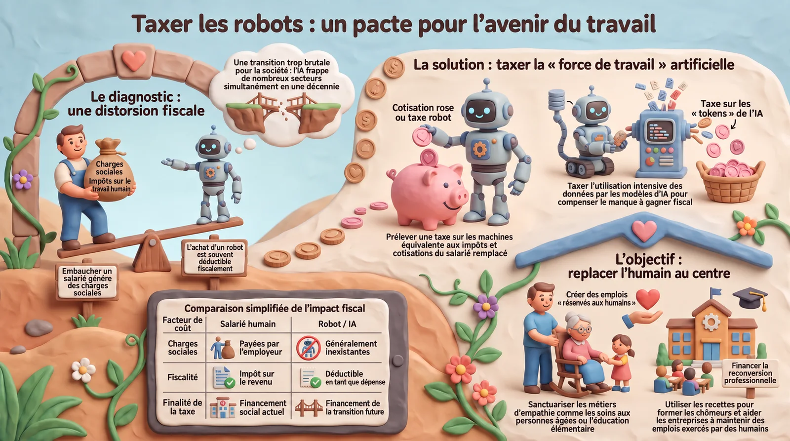 Infografik in drei Teilen: die Feststellung einer steuerlichen Schieflage zwischen Beschäftigtem und Roboter, die Lösung eines ROSE-Beitrags ergänzt um eine Steuer auf KI-Token, und das Ziel, den Menschen wieder in die Mitte zu stellen, indem Umschulung und Pflegeberufe finanziert werden