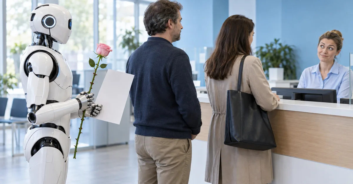 Ein menschenähnlicher Roboter mit einer Rose und einem Formular steht in einem Finanzamt an, als Bild für die Steuer auf Roboter und KI